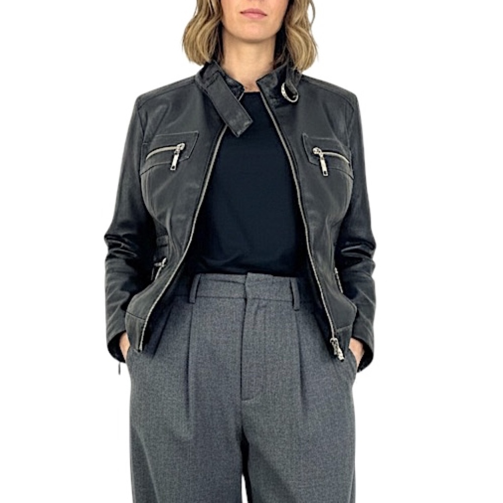Point Zero black boxy vegan leather distressed motorcycle biker jacket M